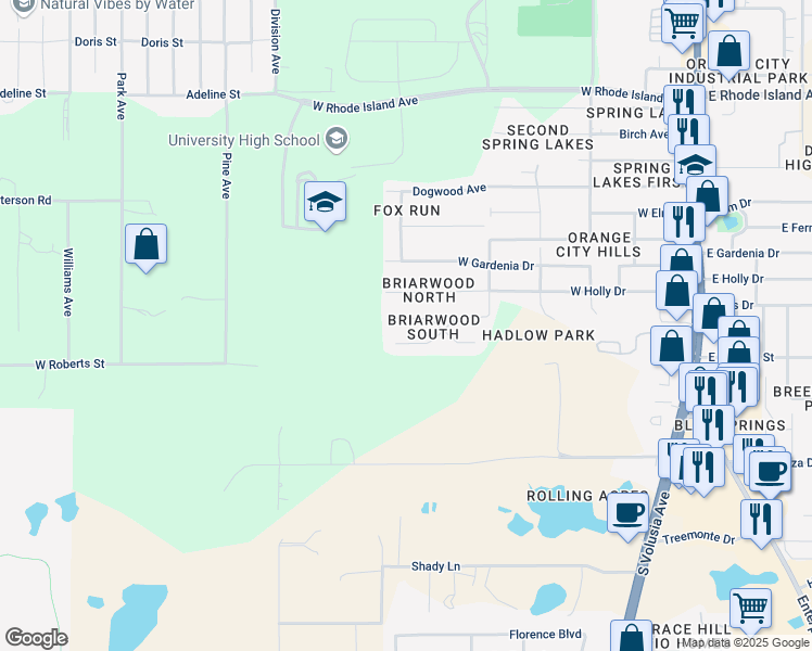 map of restaurants, bars, coffee shops, grocery stores, and more near 770 Briarcrest Drive in Orange City