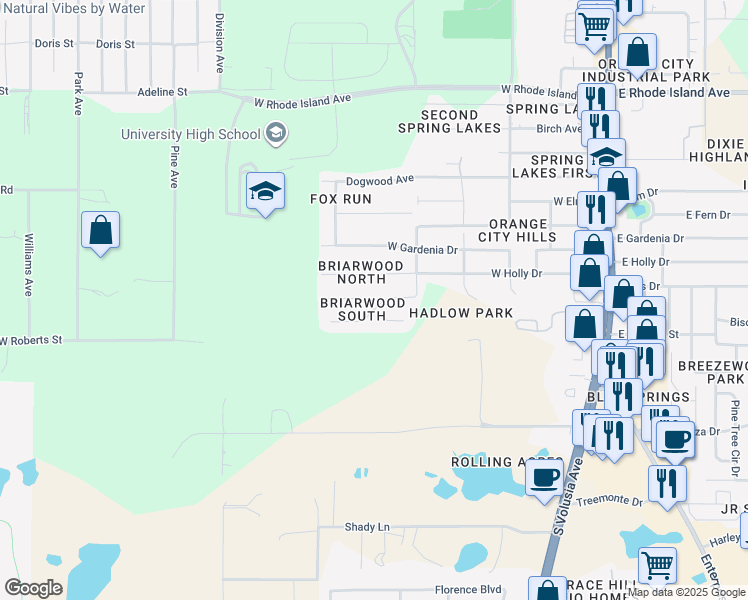 map of restaurants, bars, coffee shops, grocery stores, and more near 743 Briarcrest Drive in Orange City