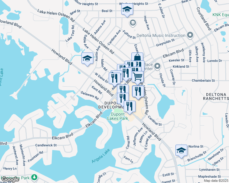 map of restaurants, bars, coffee shops, grocery stores, and more near 2730 Elkcam Boulevard in Deltona