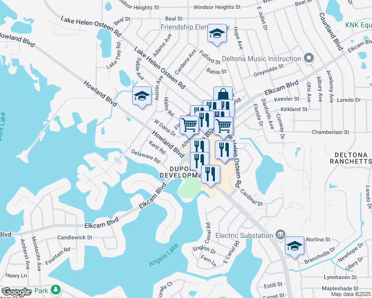 map of restaurants, bars, coffee shops, grocery stores, and more near 2730 Elkcam Boulevard in Deltona
