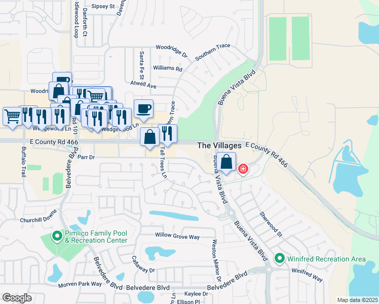 map of restaurants, bars, coffee shops, grocery stores, and more near 325 Belvedere Boulevard in The Villages