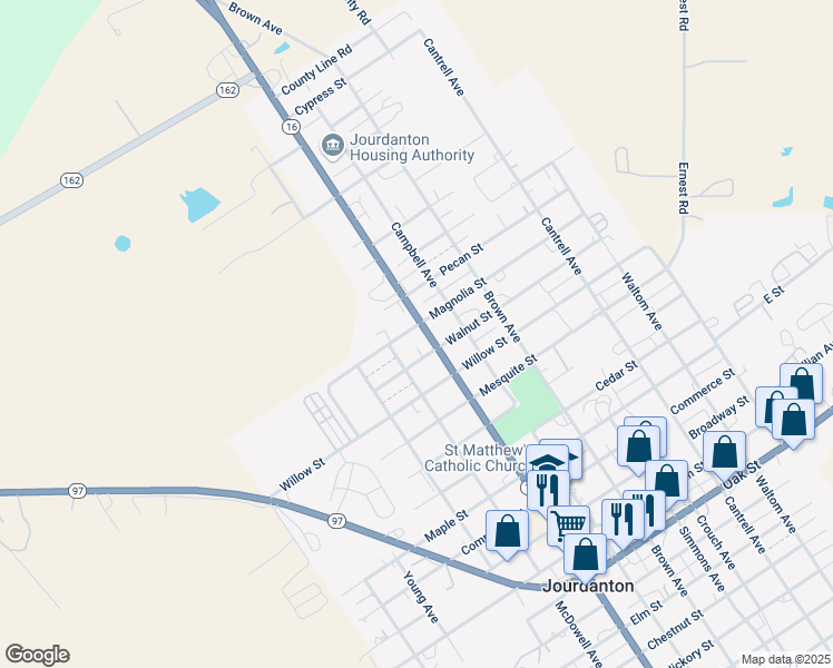 map of restaurants, bars, coffee shops, grocery stores, and more near 2270 Zanderson Avenue in Jourdanton