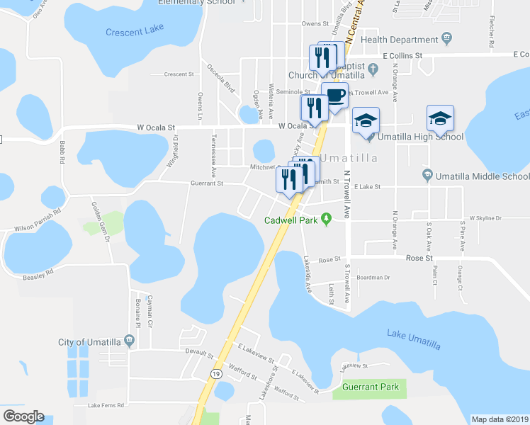map of restaurants, bars, coffee shops, grocery stores, and more near 46 South Kentucky Avenue in Umatilla