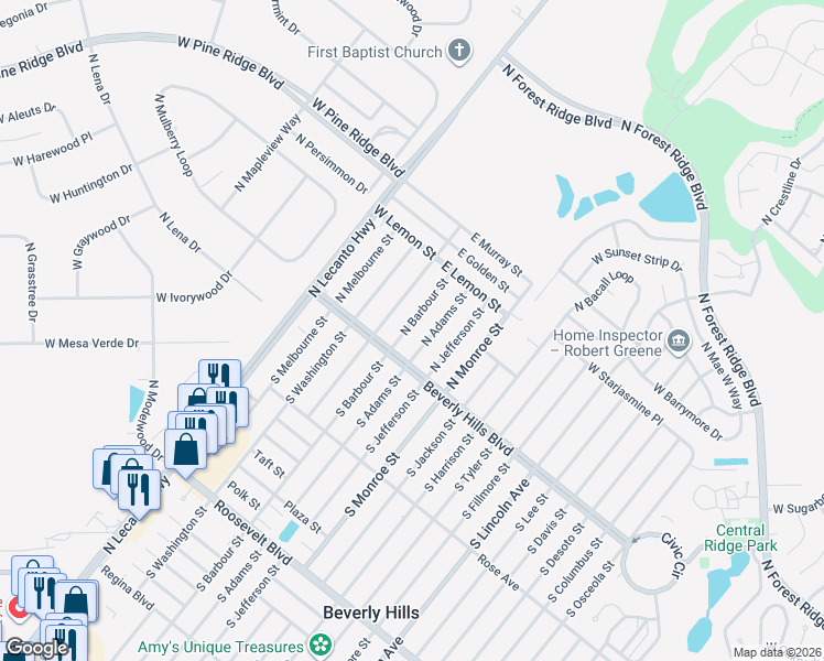 map of restaurants, bars, coffee shops, grocery stores, and more near 6 North Adams Street in Beverly Hills