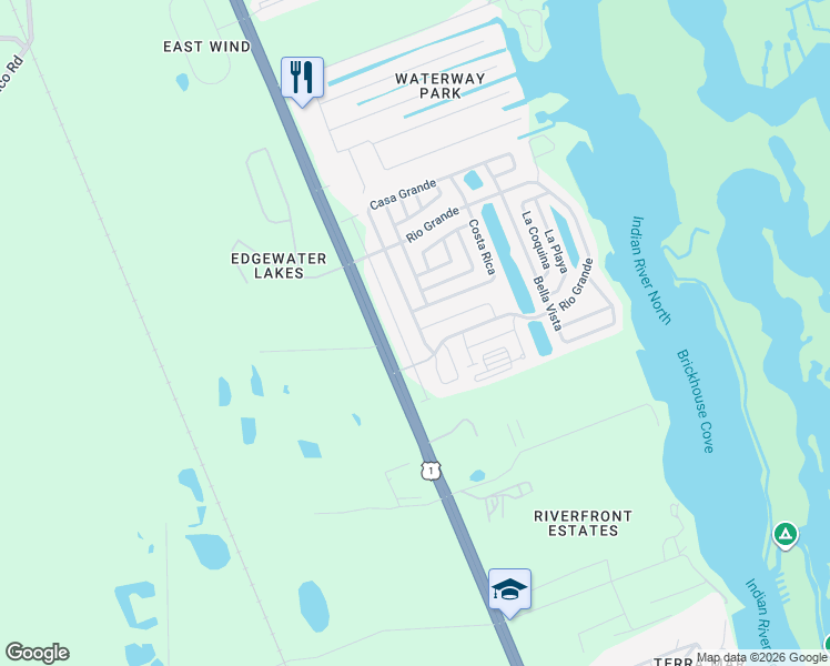 map of restaurants, bars, coffee shops, grocery stores, and more near 503 Casa Grande in Edgewater
