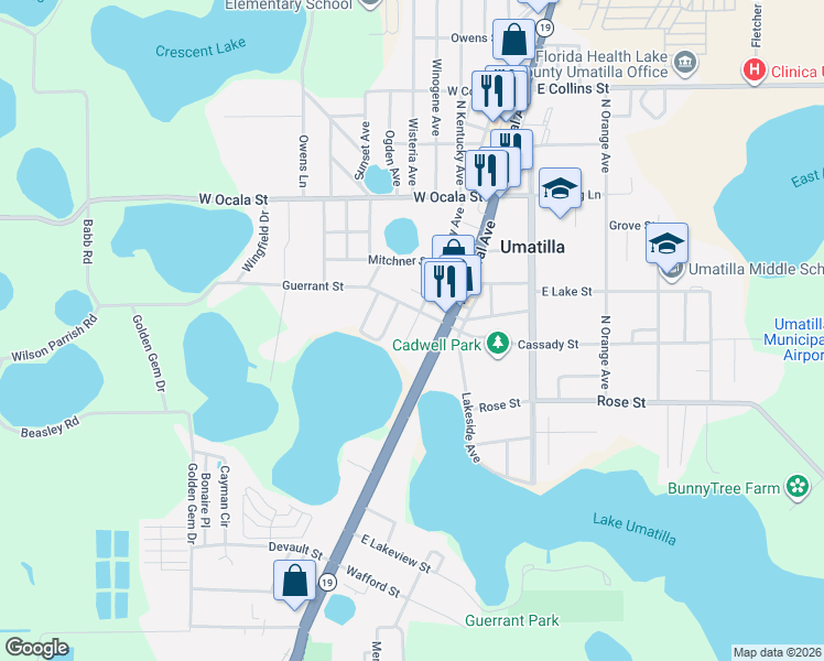 map of restaurants, bars, coffee shops, grocery stores, and more near 61 South Kentucky Avenue in Umatilla