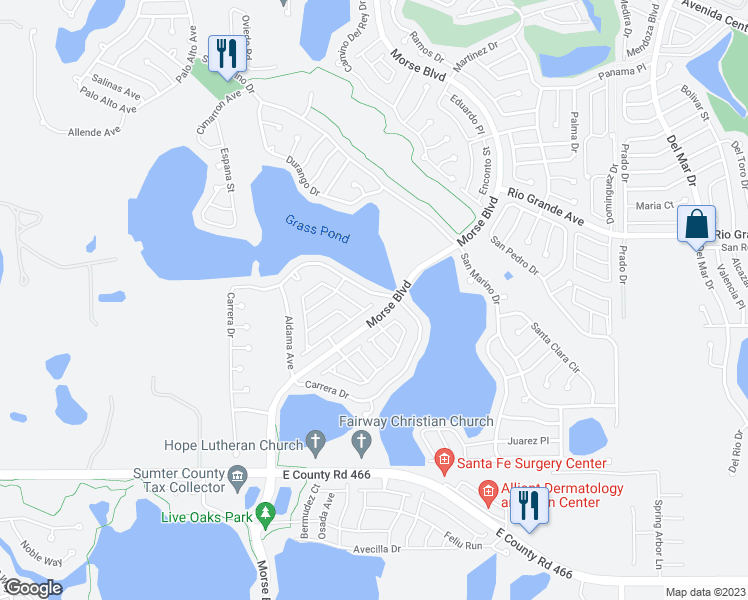 map of restaurants, bars, coffee shops, grocery stores, and more near 1708 Morelos Road in The Villages