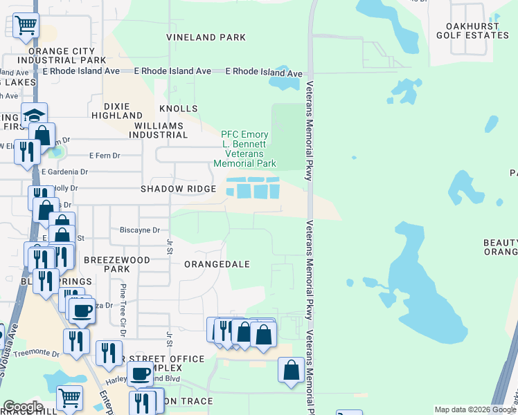 map of restaurants, bars, coffee shops, grocery stores, and more near 1001 East Iris Drive in Orange City
