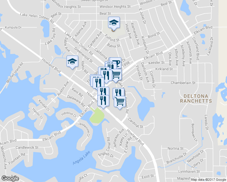 map of restaurants, bars, coffee shops, grocery stores, and more near 2783 Elkcam Boulevard in Deltona