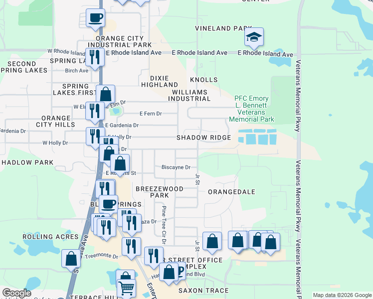 map of restaurants, bars, coffee shops, grocery stores, and more near 1001 East Iris Drive in Orange City