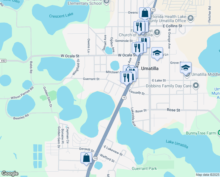 map of restaurants, bars, coffee shops, grocery stores, and more near 38 Davis Avenue in Umatilla