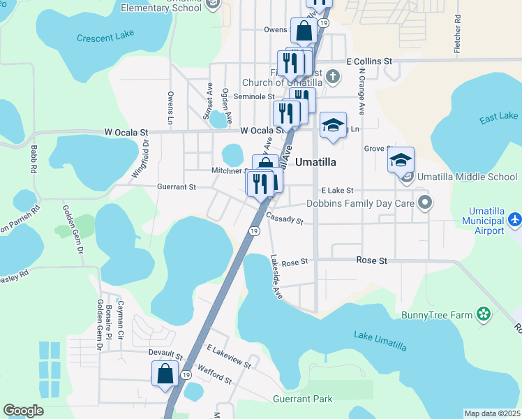 map of restaurants, bars, coffee shops, grocery stores, and more near 87 North Central Avenue in Umatilla