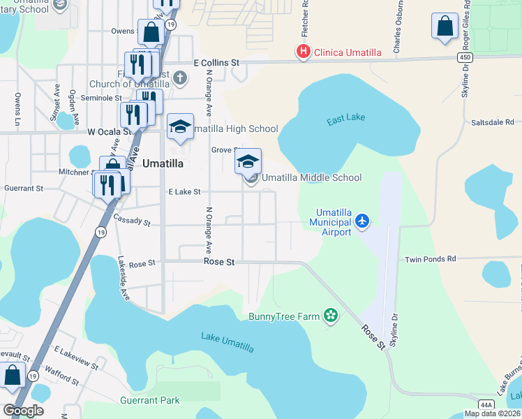 map of restaurants, bars, coffee shops, grocery stores, and more near 70 South Oak Avenue in Umatilla