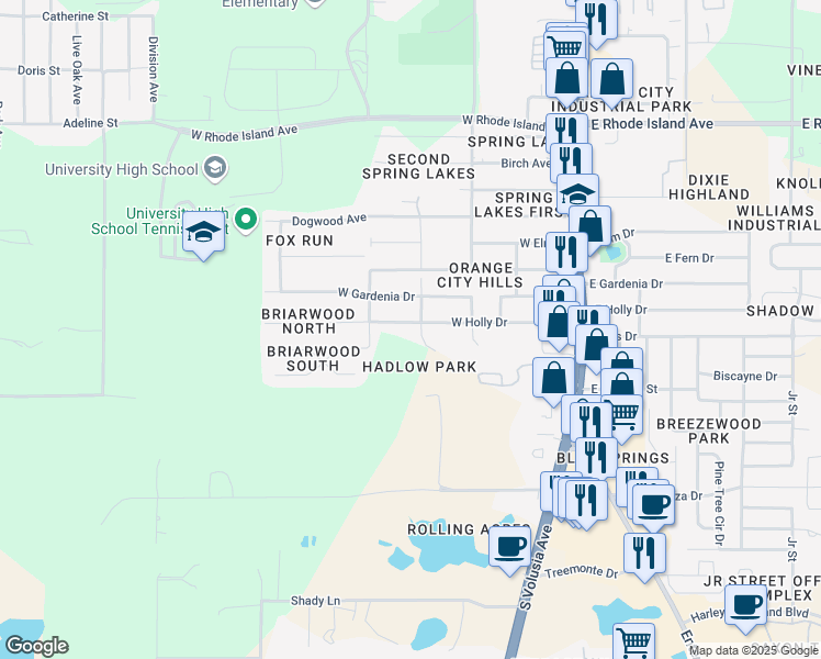 map of restaurants, bars, coffee shops, grocery stores, and more near 310 West Holly Drive in Orange City
