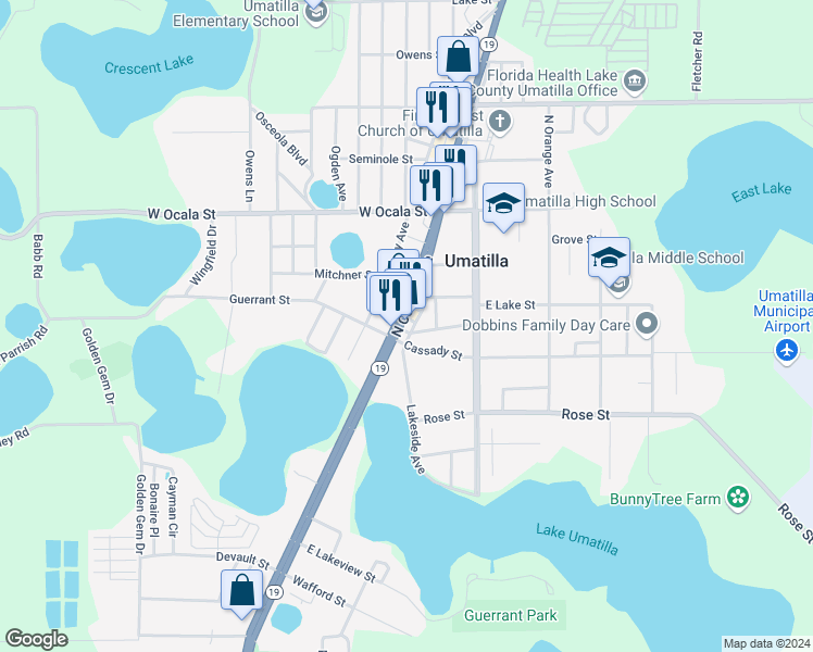 map of restaurants, bars, coffee shops, grocery stores, and more near 87 North Central Avenue in Umatilla