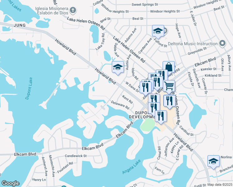 map of restaurants, bars, coffee shops, grocery stores, and more near 2253 Austin Avenue in Deltona