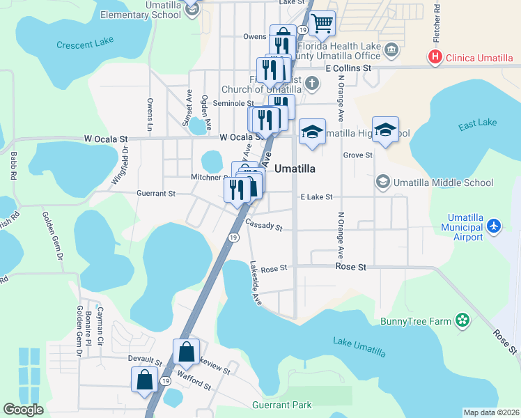 map of restaurants, bars, coffee shops, grocery stores, and more near 41 Orange Lane in Umatilla