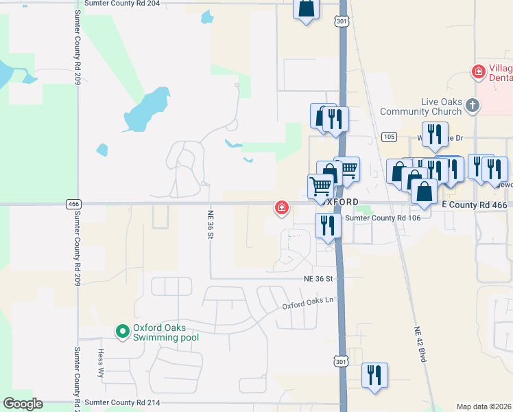 map of restaurants, bars, coffee shops, grocery stores, and more near 3669 County Road 466 in Oxford