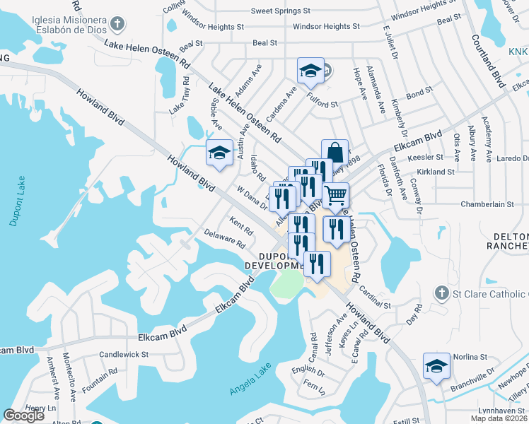 map of restaurants, bars, coffee shops, grocery stores, and more near 2201 Flamingo Avenue in Deltona