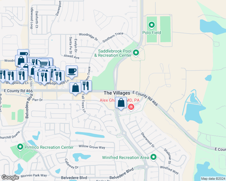 map of restaurants, bars, coffee shops, grocery stores, and more near 6086 County Road 466 in The Villages