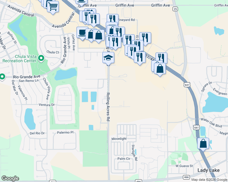 map of restaurants, bars, coffee shops, grocery stores, and more near 708 Duck Lake Road in Lady Lake