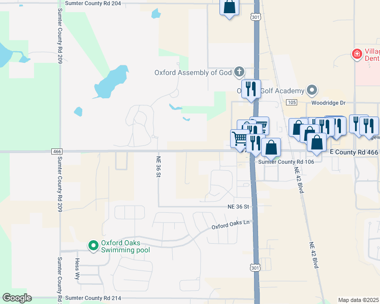 map of restaurants, bars, coffee shops, grocery stores, and more near 3669 County Road 466 in Oxford