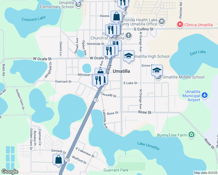 map of restaurants, bars, coffee shops, grocery stores, and more near 41 Orange Lane in Umatilla
