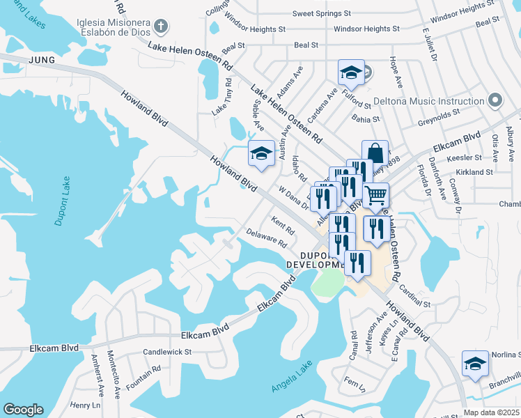 map of restaurants, bars, coffee shops, grocery stores, and more near 2253 Austin Avenue in Deltona
