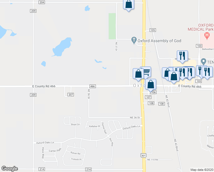 map of restaurants, bars, coffee shops, grocery stores, and more near 3669 County Road 466 in Oxford