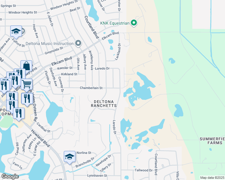 map of restaurants, bars, coffee shops, grocery stores, and more near 3224 Chamberlain Street in Deltona