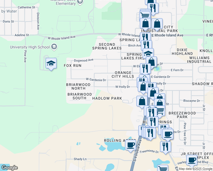 map of restaurants, bars, coffee shops, grocery stores, and more near 301 West Holly Drive in Orange City