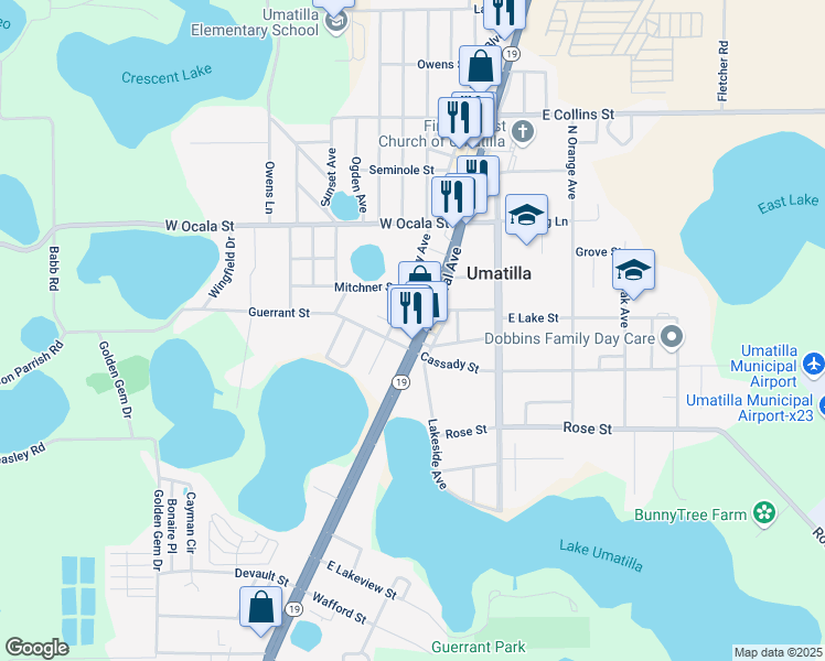 map of restaurants, bars, coffee shops, grocery stores, and more near 87 North Central Avenue in Umatilla