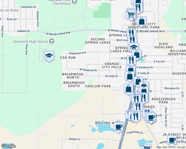 map of restaurants, bars, coffee shops, grocery stores, and more near 331 West Holly Drive in Orange City