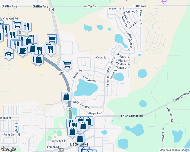 map of restaurants, bars, coffee shops, grocery stores, and more near 141-199 Pine Dr in Lady Lake