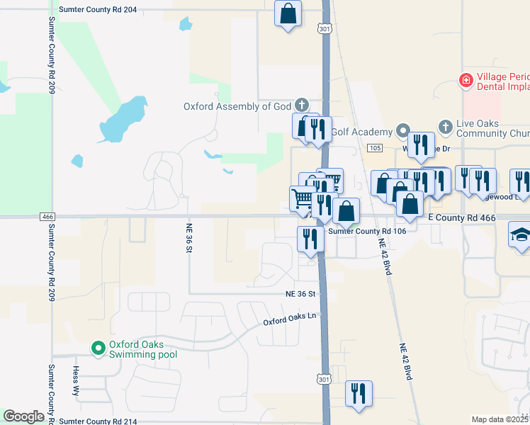 map of restaurants, bars, coffee shops, grocery stores, and more near 3778 County Road 466 in Oxford