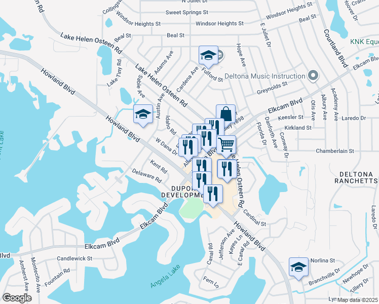 map of restaurants, bars, coffee shops, grocery stores, and more near 2225 East Dana Drive in Deltona