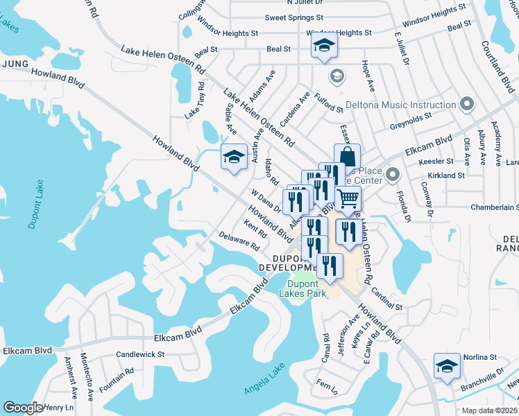 map of restaurants, bars, coffee shops, grocery stores, and more near 2254 Howland Boulevard in Deltona