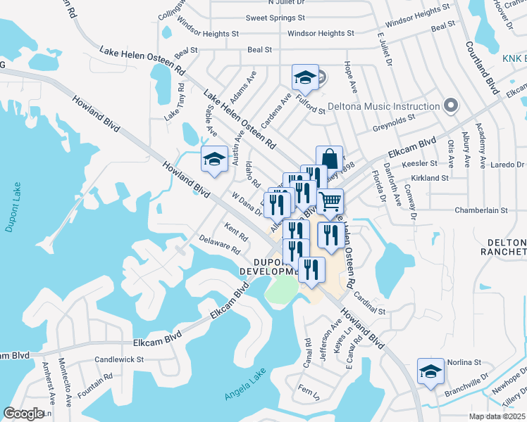 map of restaurants, bars, coffee shops, grocery stores, and more near 2201 Flamingo Avenue in Deltona