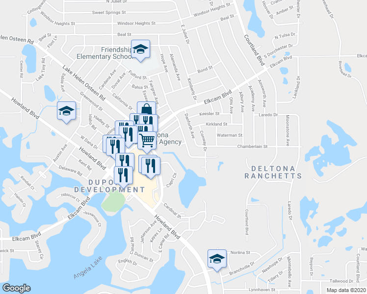 map of restaurants, bars, coffee shops, grocery stores, and more near 130 Beaty Court in Deltona