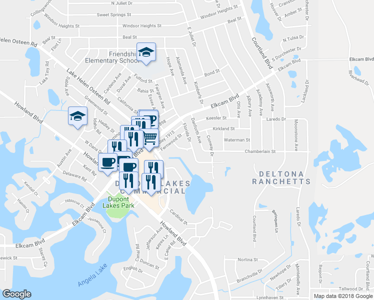 map of restaurants, bars, coffee shops, grocery stores, and more near 135 Beaty Court in Deltona