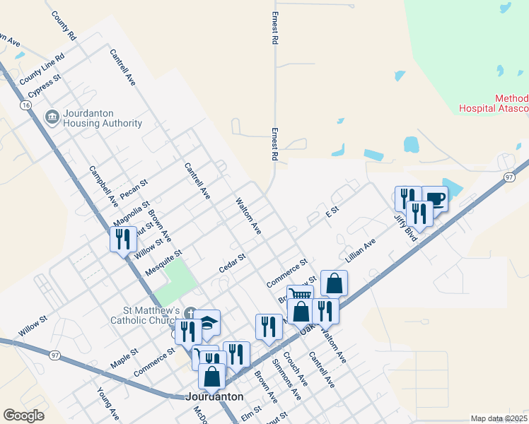 map of restaurants, bars, coffee shops, grocery stores, and more near 1905 Waltom Avenue in Jourdanton