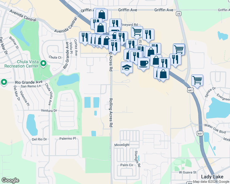 map of restaurants, bars, coffee shops, grocery stores, and more near 708 Duck Lake Road in Lady Lake