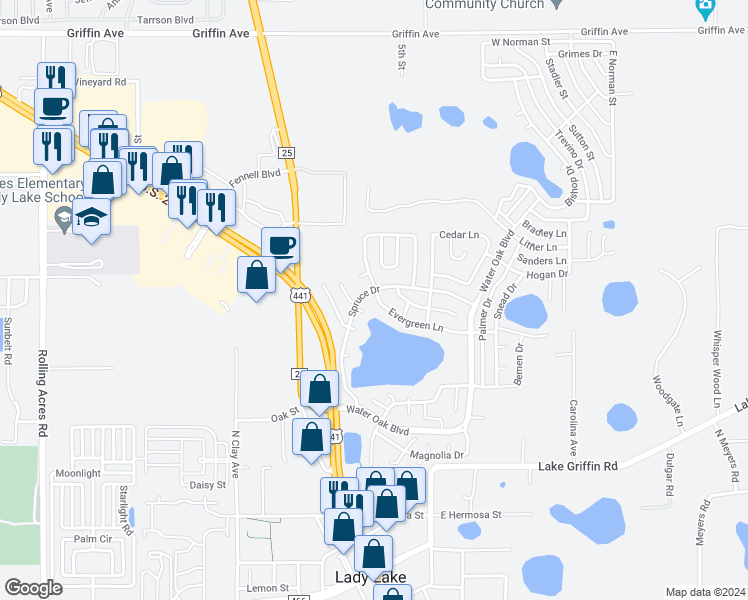 map of restaurants, bars, coffee shops, grocery stores, and more near 158 Evergreen Lane in Lady Lake