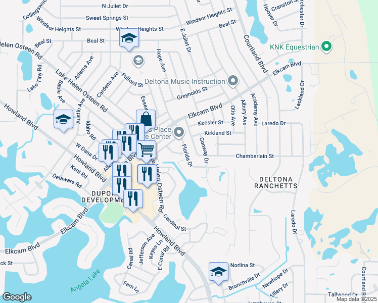 map of restaurants, bars, coffee shops, grocery stores, and more near 130 Beaty Court in Deltona