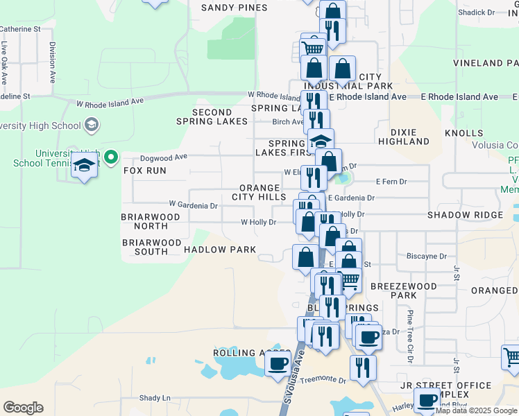 map of restaurants, bars, coffee shops, grocery stores, and more near 2110 South Carpenter Avenue in Orange City