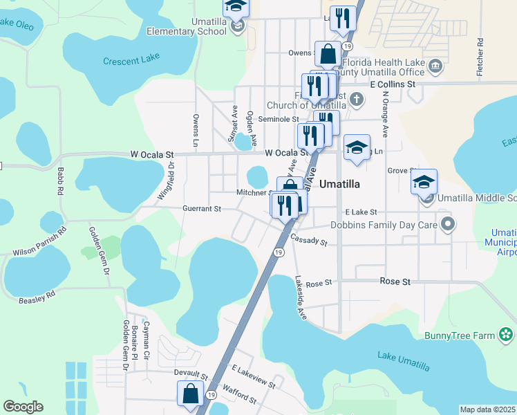 map of restaurants, bars, coffee shops, grocery stores, and more near 100 Guerrant Street in Umatilla