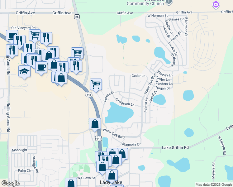 map of restaurants, bars, coffee shops, grocery stores, and more near 154 Evergreen Lane in Lady Lake