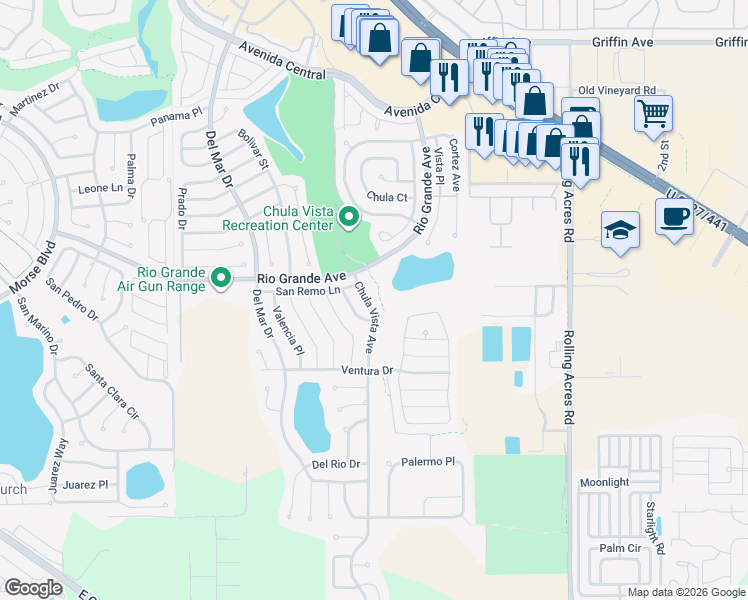 map of restaurants, bars, coffee shops, grocery stores, and more near 527 Chula Vista Avenue in Lady Lake