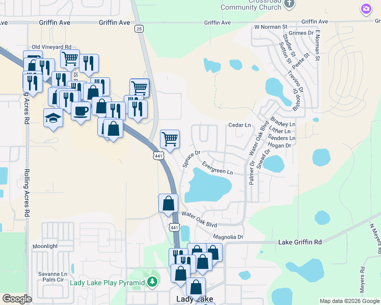 map of restaurants, bars, coffee shops, grocery stores, and more near 630 Sycamore Square in Lady Lake