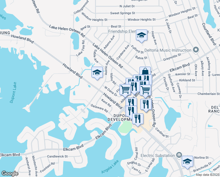 map of restaurants, bars, coffee shops, grocery stores, and more near 2260 West Dana Drive in Deltona